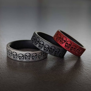 Skulls Skeleton Silicone Ring, Dual Layer in Silver, Dark Silver, or Red, Personalized Silicone Wedding Ring for Husband Boyfriend Halloween