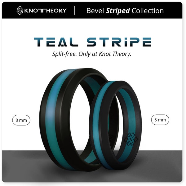 Teal Silicone Ring for Men and Women, Bevel Striped Rubber Wedding Band for Him and Her, His Hers Safe Comfortable Matching Couple Ring Set