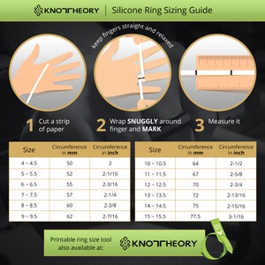 May include: A chart with instructions on how to measure your finger for a silicone ring. The chart shows the size of the ring in millimeters and inches. The chart also includes a diagram of how to wrap a strip of paper around your finger to measure it.