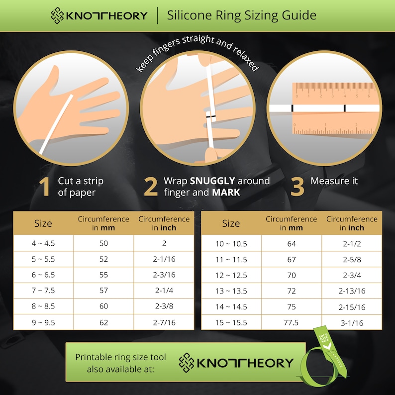 May include: A chart with instructions on how to measure your finger for a silicone ring. The chart shows the size of the ring in millimeters and inches. The chart also includes a diagram of how to wrap a strip of paper around your finger to measure it.