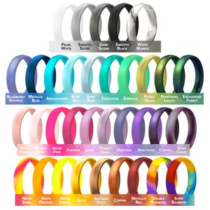 May include: A variety of silicone rings in different colors and patterns, including pearlescent, metallic, neon, and rainbow. The rings are arranged in rows, with each row representing a different color or pattern.
