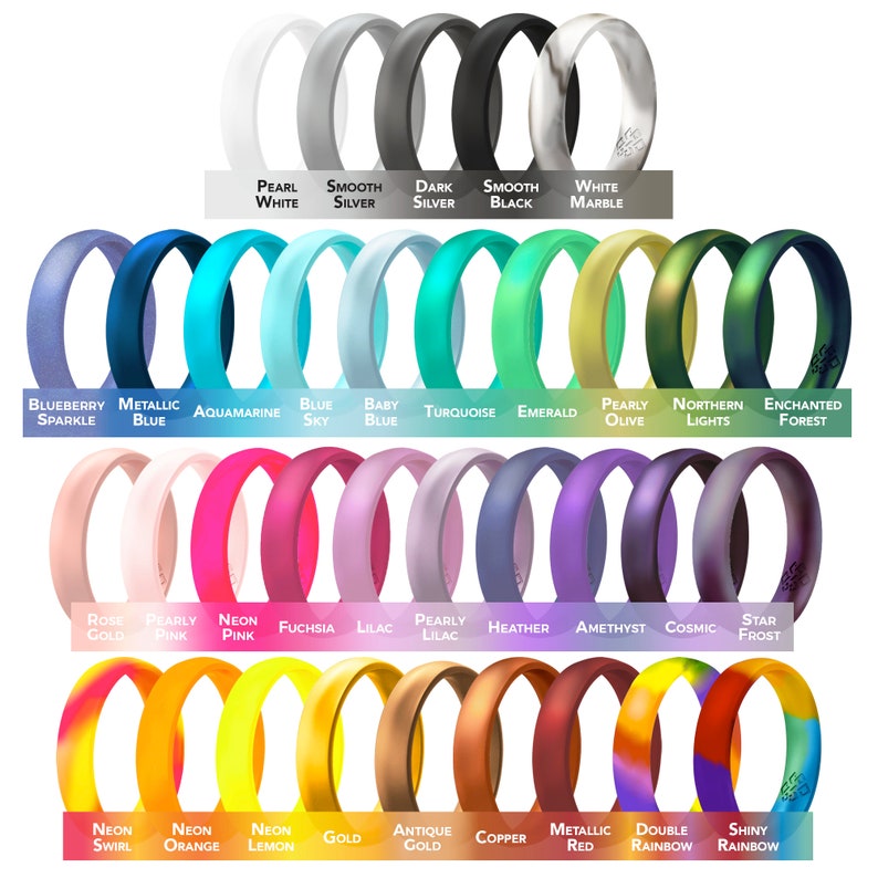 May include: A variety of silicone rings in different colors and patterns, including pearlescent, metallic, neon, and rainbow. The rings are arranged in rows, with each row representing a different color or pattern.