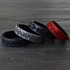 Skulls Skeleton Silicone Ring, Dual Layer in Silver, Dark Silver, or Red, Personalized Silicone Wedding Ring Husband Boyfriend Halloween