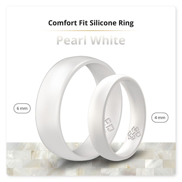 Pearl White Silicone Ring Men Women, 4mm or 6mm Breathable Comfort Fit Silicone Wedding Band Boyfriend Husband Anniversary Engagement Gift