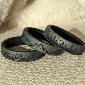 Dark Silver Silicone Ring in Mountain, Forest, or Waves Engraved Dual Layer Silicone Wedding Ring, Husband Wife Boyfriend Girlfriend Gift image 5