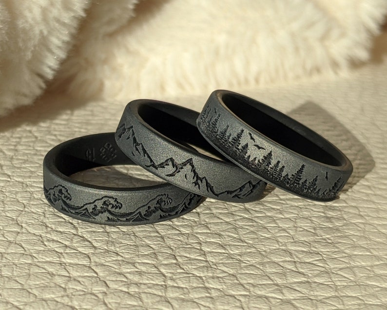 Dark Silver Silicone Ring in Mountain, Forest, or Waves Engraved Dual Layer Silicone Wedding Ring, Husband Wife Boyfriend Girlfriend Gift image 5