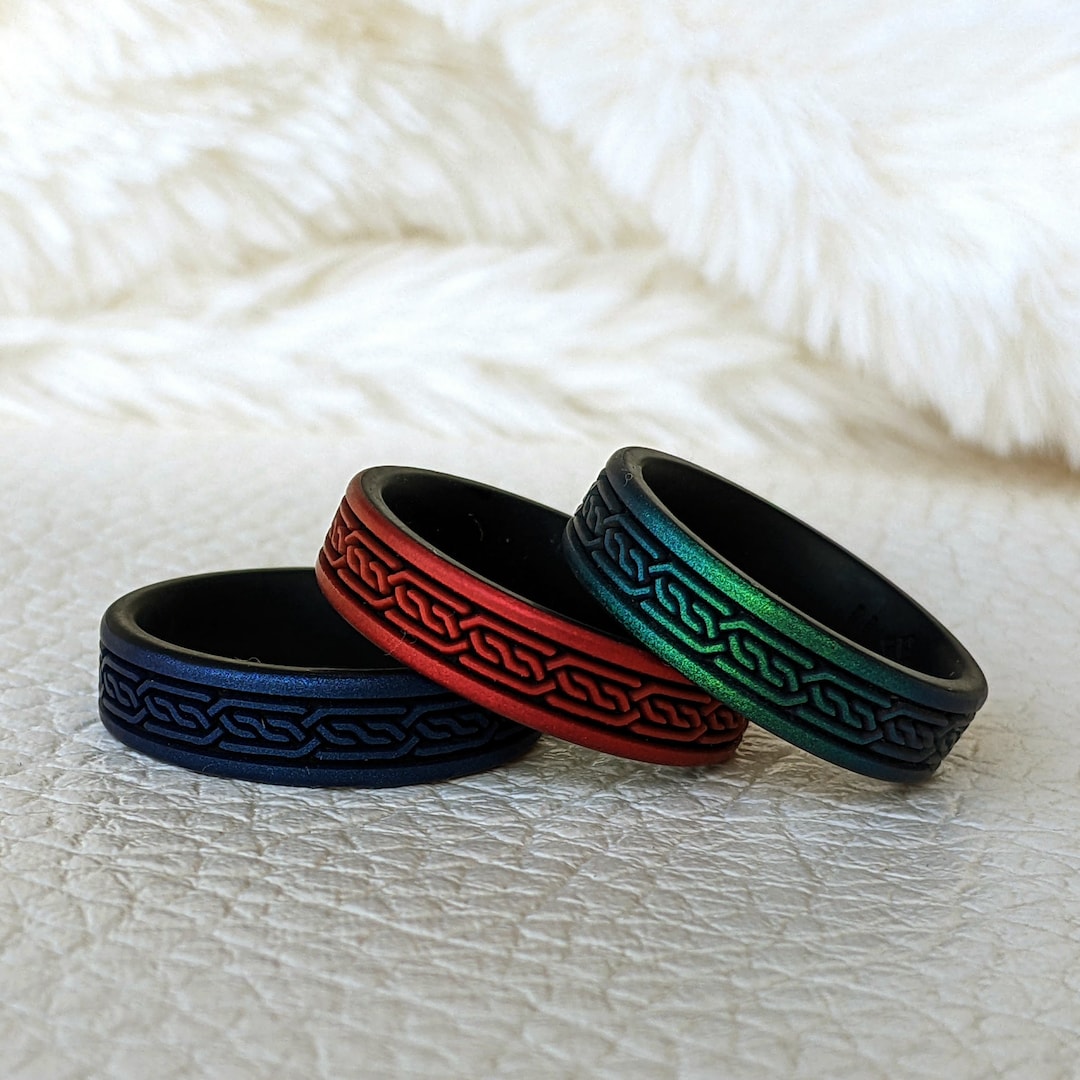 Celtic Silicone Ring, Engraved Dual Layer in Enchanted Green, Blue or