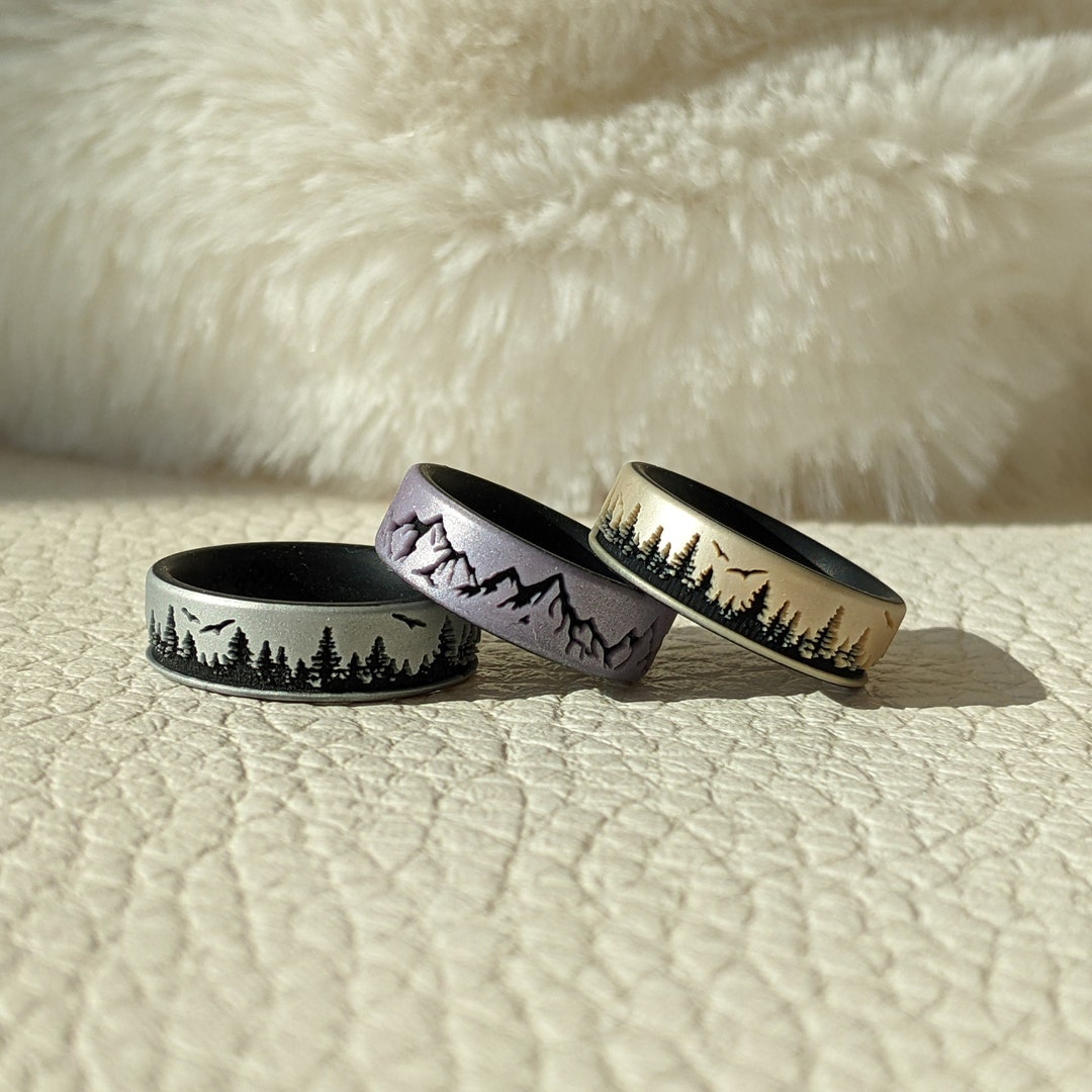 Forest Mountain Silicone Ring, Engraved Dual Layer in Silver, Lavender ...