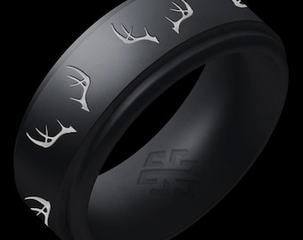 Antlers Silicone Ring - Silver on Dark Silver, Black or Blue  – 8mm Hunter Wedding Band, Deer Antler Engagement Wedding Band Anniversary