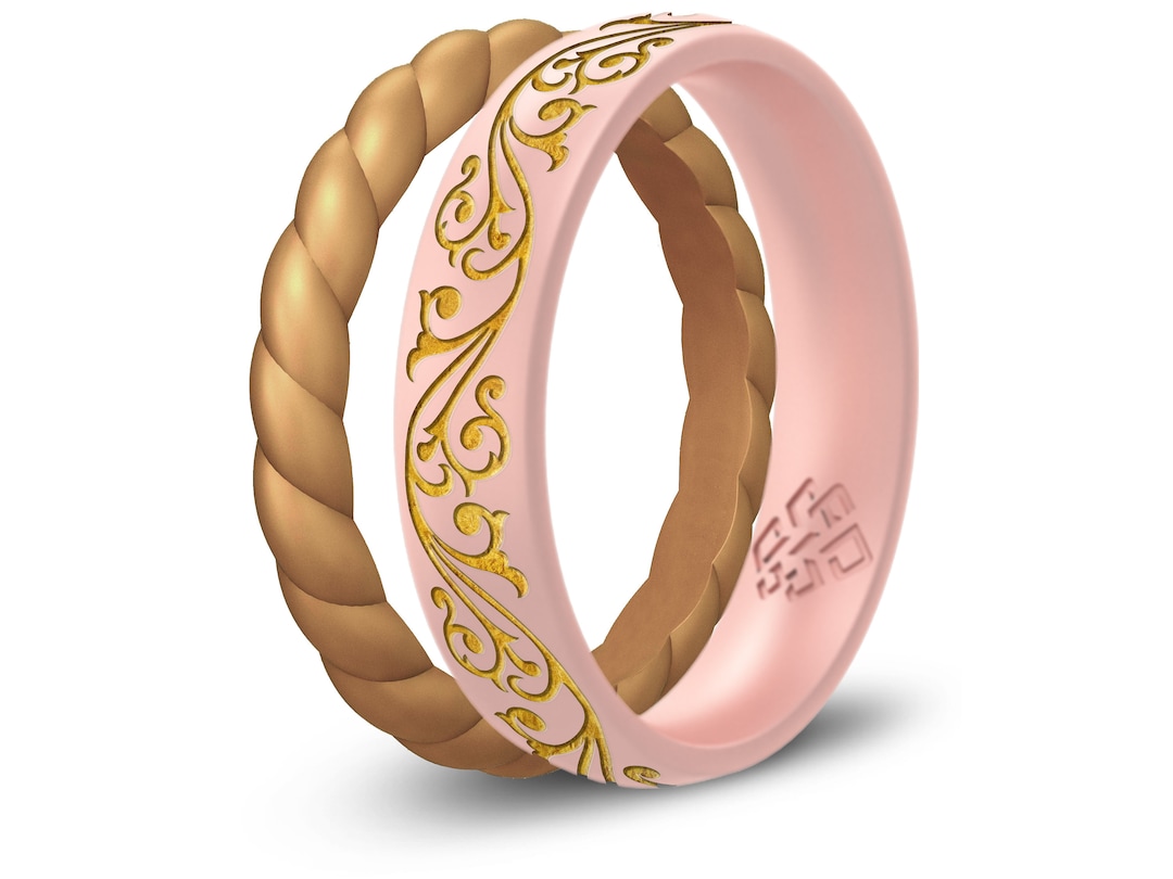 Knot Theory Filigree & Laurel Leaf Silicone Ring - Gold Inlay, Engraved Wedding Band For Active Lifestyles