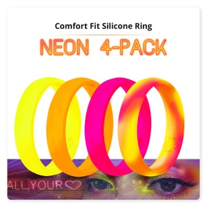 Neon Silicone Rings For Women, Yellow Orange Pink 4-Pack Silicone Wedding Bands, Colorful Bright Neon Ring Gifts for Girls Party Pinky Ring
