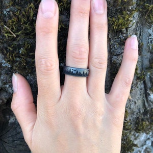 Dark Silver Silicone Ring in Mountain, Forest, or Waves Engraved Dual Layer Silicone Wedding Ring, Husband Wife Boyfriend Girlfriend Gift image 2