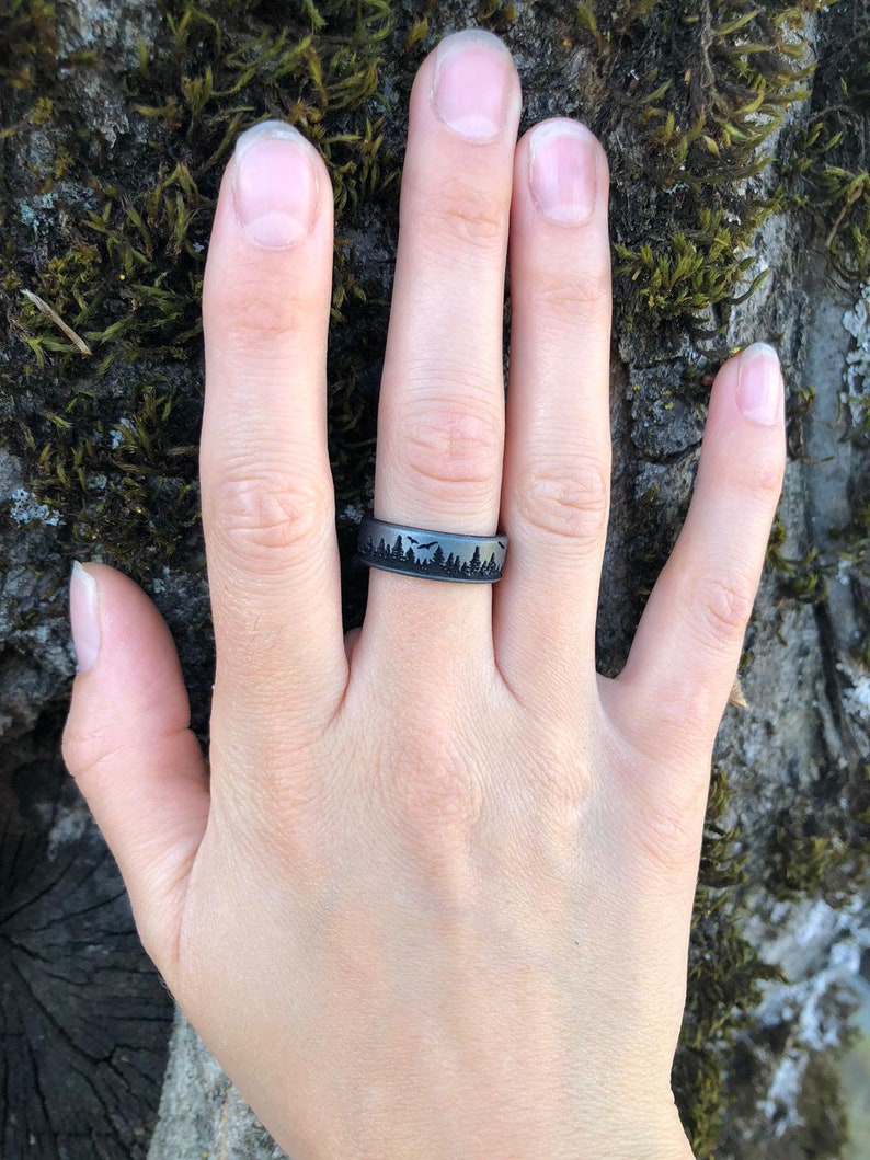 Dark Silver Silicone Ring in Mountain, Forest, or Waves Engraved Dual Layer Silicone Wedding Ring, Husband Wife Boyfriend Girlfriend Gift image 2