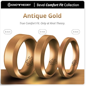 May include: Three silicone rings in antique gold, 8 mm, 6 mm, and 4 mm wide. The rings are stacked on a wooden surface.  Knot Theory Bevel Comfort Fit Collection.