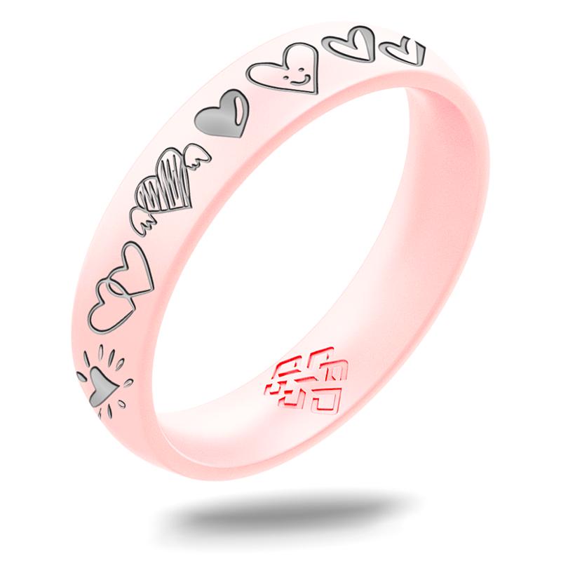 Drawn Hearts Silicone Ring with Silver Inlay in Black, Pink, Red, or Purple, Love Cupid's Arrow Winged Heart Charm Wedding Promise Ring Gift