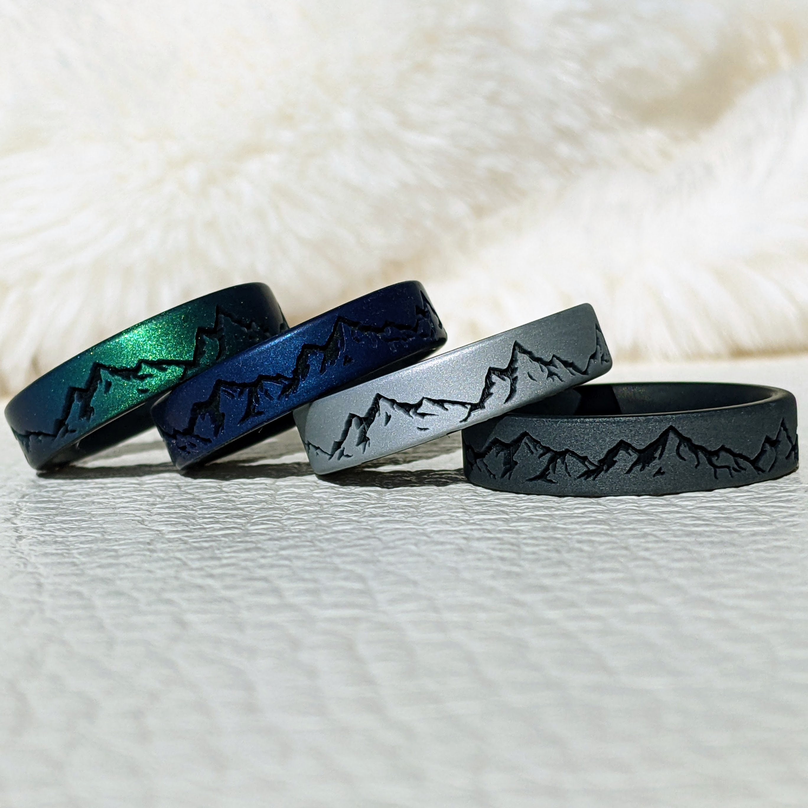 Dark Silver Silicone Ring in Mountain Forest or Waves 