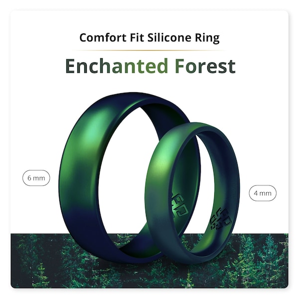 Emerald Green Enchanted Forest Silicone Ring for Couples - Breathable Flexible Rubber Wedding Band, Husband Wife Anniversary Birthstone Gift