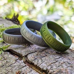 Forest Ring Silicone Ring, Personalized Tree Hugger Green Ring Gift Him Her, Custom Engraved Anniversary Rubber Wedding Band Engagement 6mm