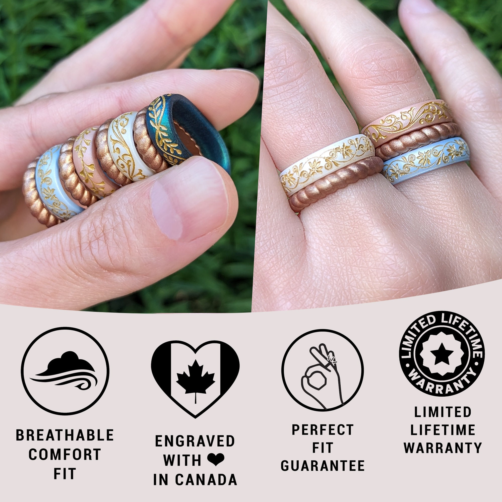Filigree Silicone Ring for Women in Rose Gold, Green, or Filigree Silicone Ring for Women in Rose Gold, Green, or