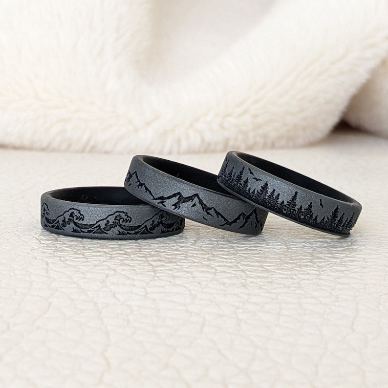 Dark Silver Silicone Ring in Mountain, Forest, or Waves Engraved Dual Layer Silicone Wedding Ring, Husband Wife Boyfriend Girlfriend Gift image 1