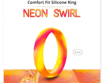 Puede incluir: Un anillo de silicona amarillo y rosa con un patrón de espiral. El anillo tiene 4 mm de ancho. Comfort Fit Silicone Ring NEON SWIRL.