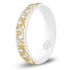 Floral Silicone Ring for Women in Rose Gold, Baby Blue, or White, Engraved Silicone Wedding Band Promise Ring Wife Gf