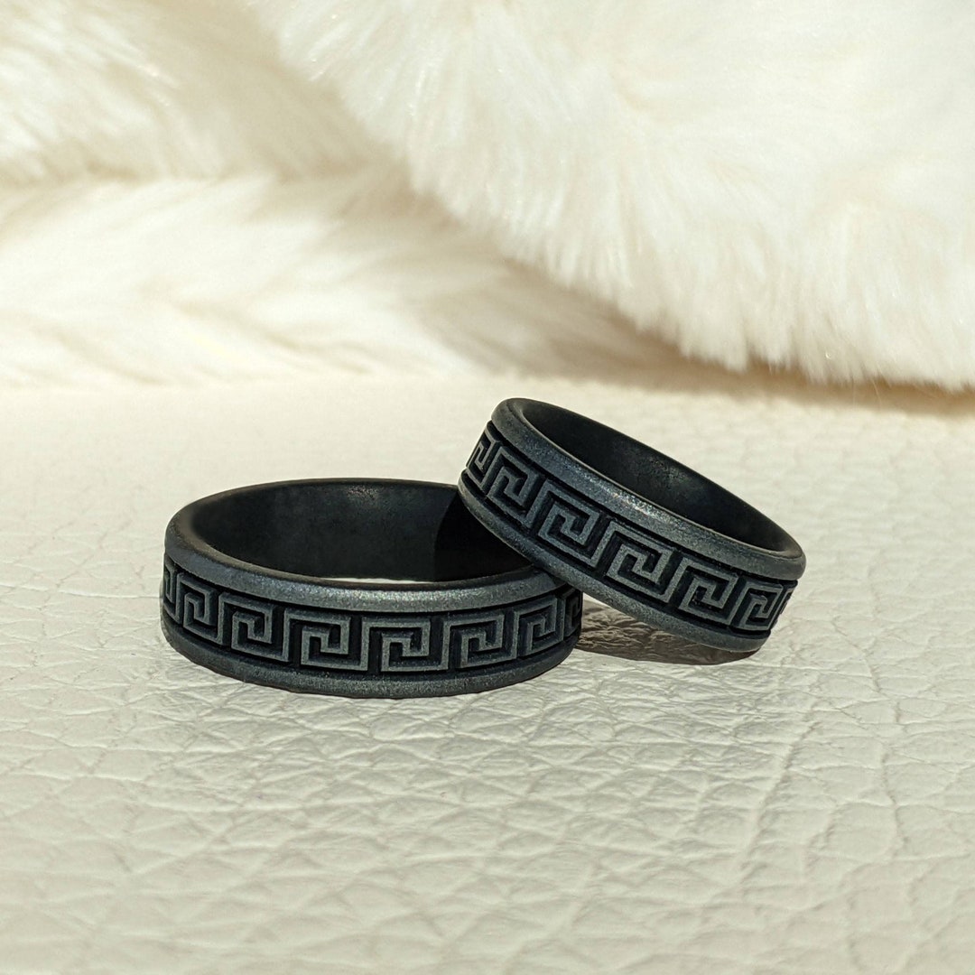 Greek Key Silicone Ring, Engraved Dual Layer Silver, Dark Silver ...