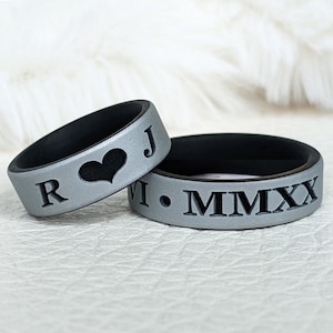 Custom Engraved Silicone Ring, Dual Layer in Silver, Dark Silver, or Gold, Silicone Wedding Ring Husband Boyfriend Anniversary Shower Gift