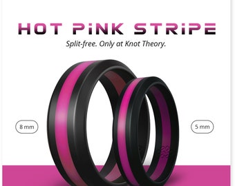 Black Hot Pink Stripe Silicone Ring Men Women, Pink Striped Silicone Wedding Band Husband Wife Gift, Athletic Engagement Anniversary Ring