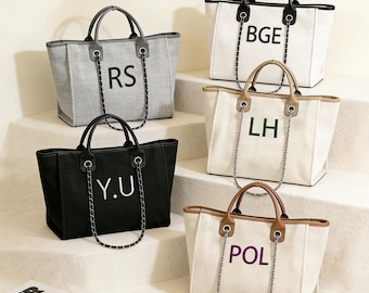 Custom Initial Canvas Tote Bag, Personalized Chain Handbag, Vegan Leather Trim,Mother's Day Handbag Gift