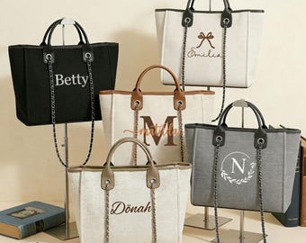 Personalized Monogram Tote Bag with Chain Strap,Bridesmaid Proposal Gift, Aesthetic Commuter Bag