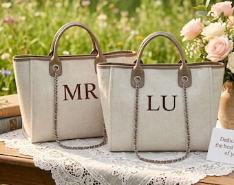 Custom  Bridesmaid Gift Bag, Custom Monogram Canvas Tote with Chain Straps,  Bachelorette Party Favors