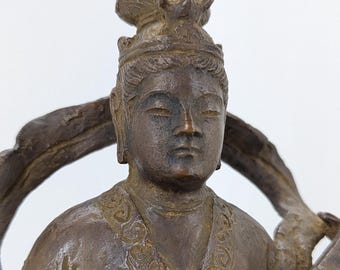 Antique Japanese bronze Benzaiten sculpture with original signed kiri wood storage box