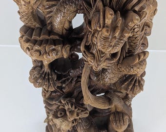 Striking Large Hand-Carved Wooden Dragon Sculpture.
