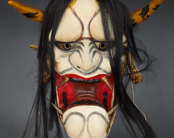 Antique Japanese Oni Mask | Handmade Demon with Natural Hair, Folk Art Decor