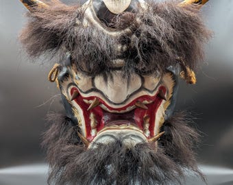 Antique Japanese Oni Mask | Traditional Folk Festival Demon Mask with Animal Hair | Hand Crafted