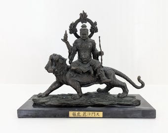 Vintage Japanese Bronze Buddhist Sculpture – Bishamonten Riding a Fierce Tiger – Marble Base – 猛虎 毘沙門天
