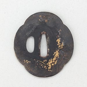 Op de afbeelding: Antieke Japanse tsuba, een zwaardbeschermer, met een donkere patina. De beschermer heeft een vogel- en bloemenontwerp met gouden accenten. Het heeft een centrale opening voor de zwaardtang en een kleinere opening aan de zijkant.
