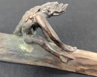 Antique Japanese Kappa Bronze Sculpture – Yokai Figure on Cucumber – Signed