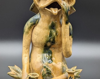 Large Handmade Japanese Kappa Yokai Sculpture | Studio Pottery Folk Art Figure with Sake Bottle