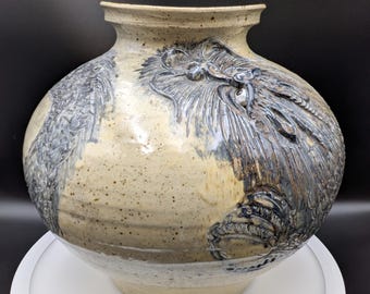 Large Signed Seihō Dragon Vase | Japanese Studio Pottery, Hand Carved Relief Stoneware Vessel