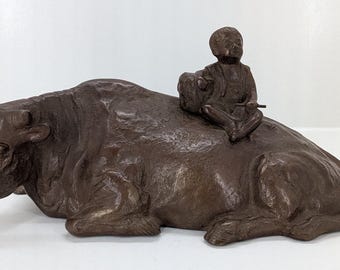 Vintage Japanese Ox and Boy Sculpture – Signed Komeichi, Cast Metal (Original Box)