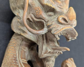 Antique Hand Carved Japanese Dragon Wall Sculpture – Showa Era Openwork Wood Carving