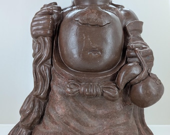 Gran estatua vintage de Hotei (Buda sonriente) – Cerámica japonesa de la era Showa – 55 cm / 15 kg – Símbolo de fortuna y prosperidad