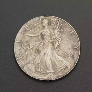 Könnte beinhalten: Silbermünze mit einer Frau, die nach links geht und Zweige hält, mit einer aufgehenden Sonne dahinter. Die Münze trägt die Aufschrift "LIBERTY" und "IN GOD WE TRUST". Das Jahr "1946" ist sichtbar.