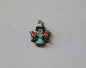 Vintage sterling silver and stone inlaid Native American knifewing pendant, zuni warrior dancer charm with turquoise and coral inlay