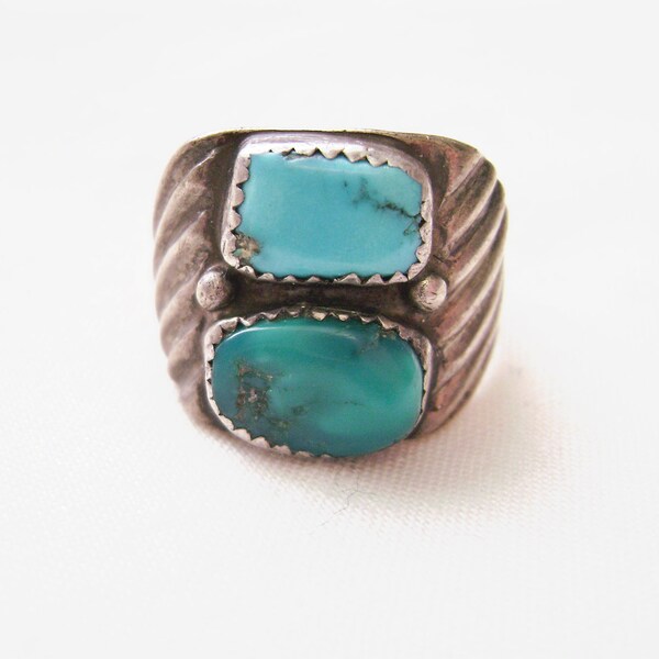 Vintage Sterling Silver and Turquoise Ring, Native American style men's ring with two turquoise stones, size 11