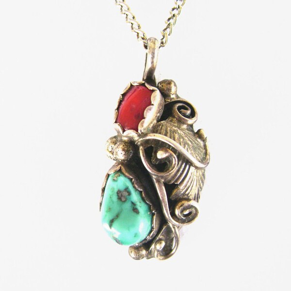 Vintage sterling silver Coral and Turquoise Pendant with chain, native american style turquoise and coral necklace