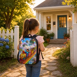 May include: A black backpack featuring a colourful graphic print of a rainbow train travelling on a track through clouds with cartoon characters. The backpack has adjustable shoulder straps and a main zippered compartment, worn on the back.