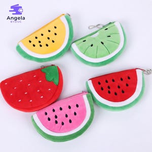May include: A collection of fruit-shaped coin purses. The purses are designed to resemble slices of watermelon, kiwi, strawberry, and cantaloupe. Each purse has a zipper closure and a small metal chain. The purses are made of soft, plush material.
